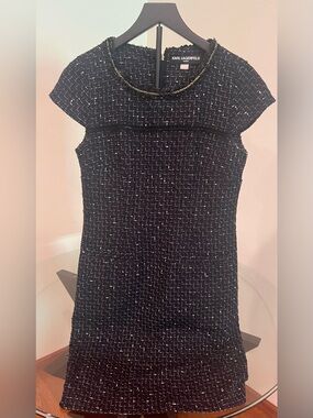 Karl Lagerfeld Black Tweed Short-Sleeve Shift Dress with Metallic Trim